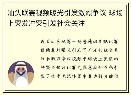 汕头联赛视频曝光引发激烈争议 球场上突发冲突引发社会关注